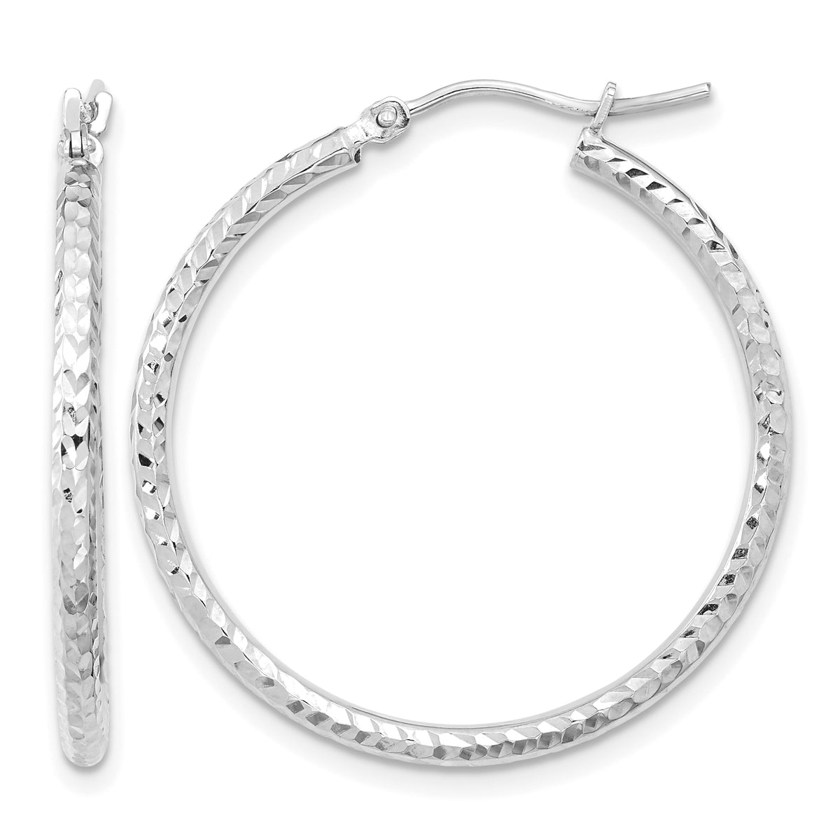 10K White Gold Diamond Cut Round Hoop Earrings 30mm x 2mm