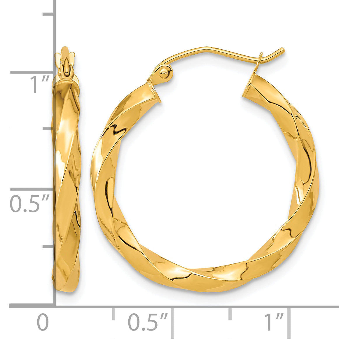 10K Yellow Gold 26.5mm x 3mm Twisted Round Hoop Earrings