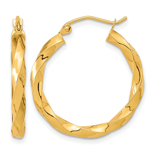10K Yellow Gold 26.5mm x 3mm Twisted Round Hoop Earrings