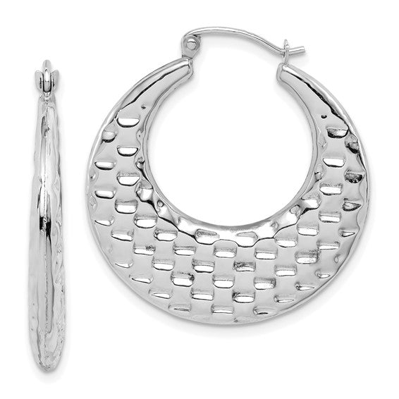 10K White Gold Graduated Textured Classic Round Hoop Earrings