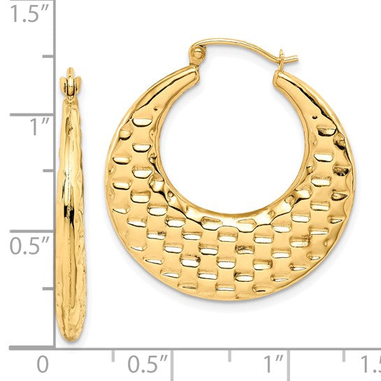 10k yellow gold graduated textured classic round hoop earrings