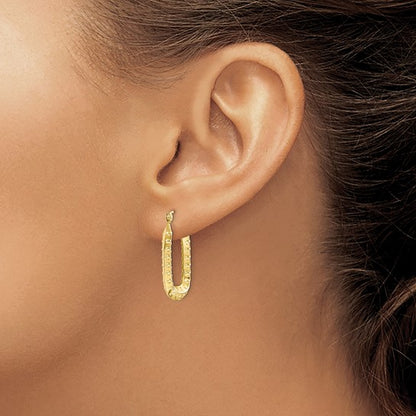 10k yellow gold rectangle textured hoop earrings 25mm x 16mm