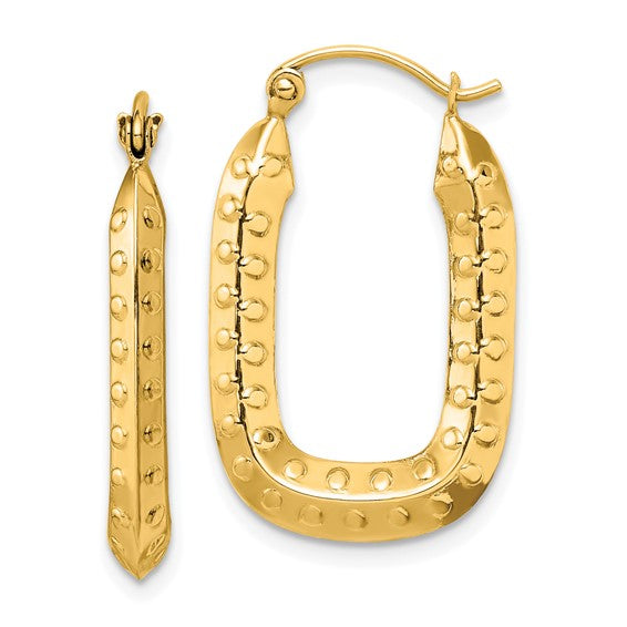 10k yellow gold rectangle textured hoop earrings 25mm x 16mm