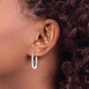 10k White Gold Rectangle Textured Hoop Earrings 25mm x 16mm