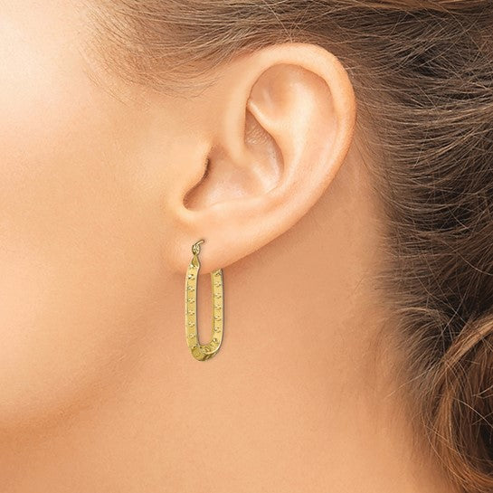10k yellow gold rectangle textured hoop earrings 32mm x 21mm