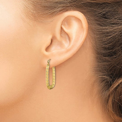 10k yellow gold rectangle textured hoop earrings 32mm x 21mm