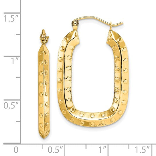 10k yellow gold rectangle textured hoop earrings 32mm x 21mm
