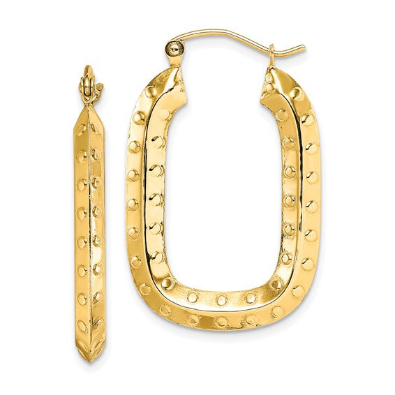10k yellow gold rectangle textured hoop earrings 32mm x 21mm