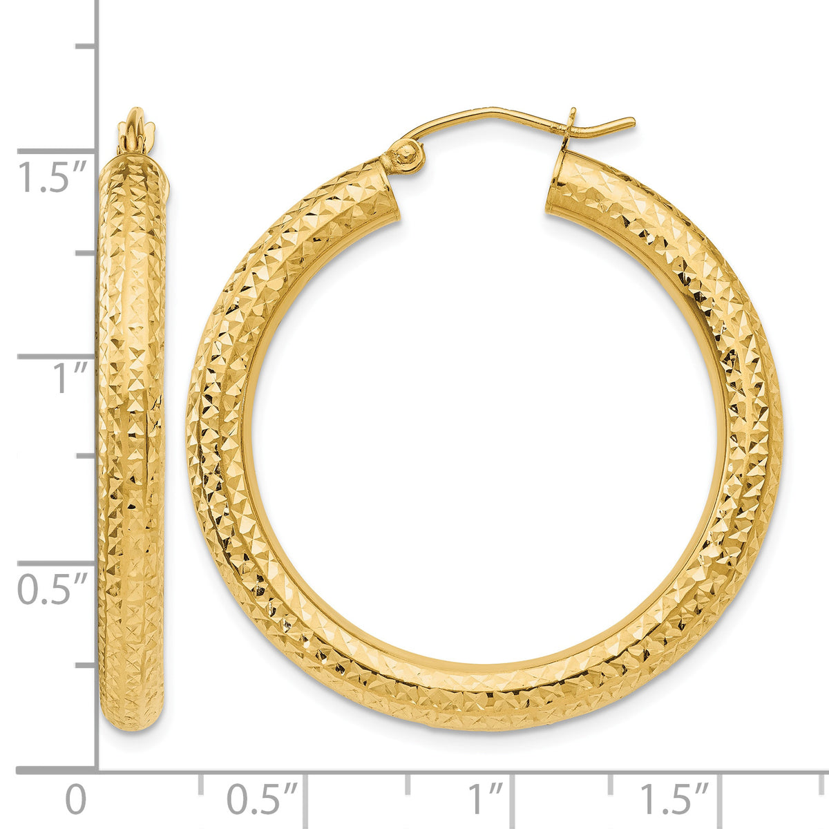 10K Yellow Gold Diamond Cut Round Hoop Earrings 35mm x 4mm