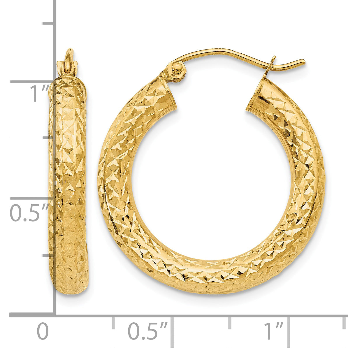 10K Yellow Gold Diamond Cut Round Hoop Earrings 25mm x 4mm