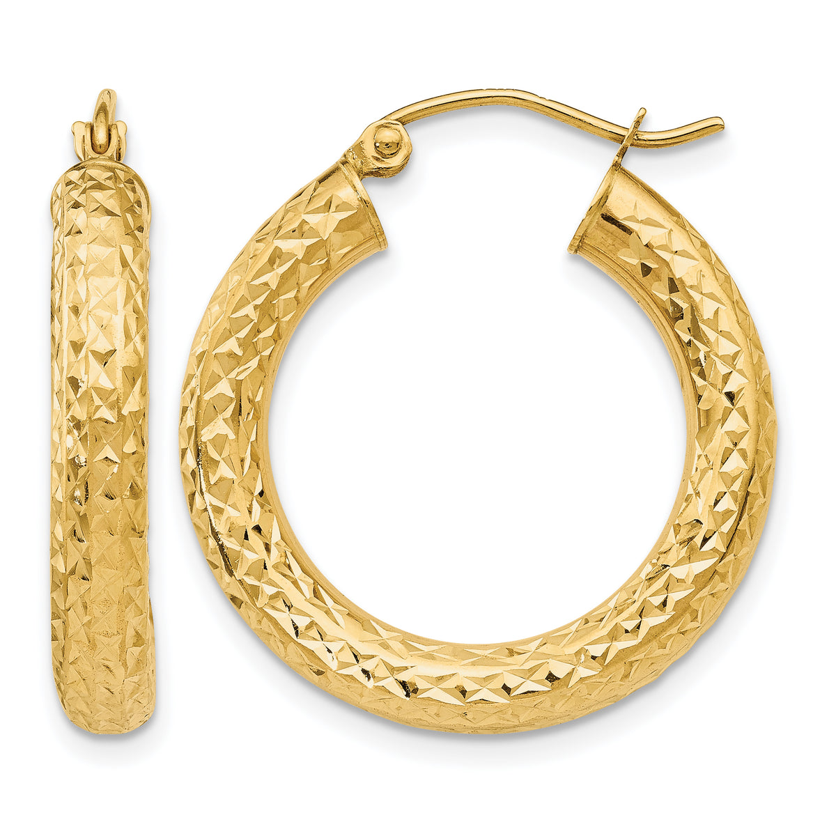 10K Yellow Gold Diamond Cut Round Hoop Earrings 25mm x 4mm