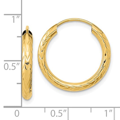 10k yellow gold diamond cut round endless hoop earrings 20mm x 3mm
