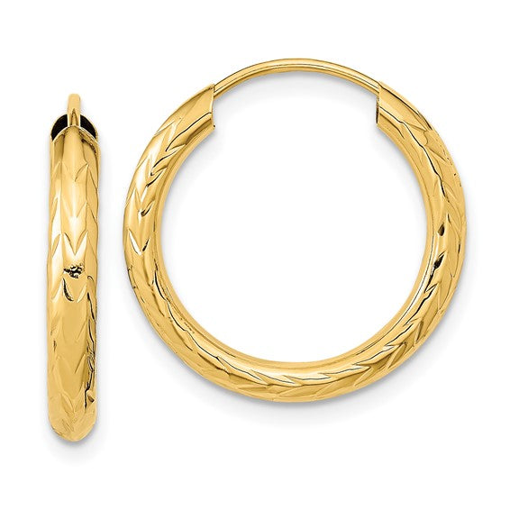 10k yellow gold diamond cut round endless hoop earrings 20mm x 3mm