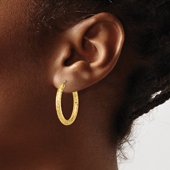 10k Yellow Gold Diamond Cut Round Endless Hoop Earrings 25mm x 3mm