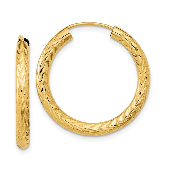 10k yellow gold diamond cut round endless hoop earrings 25mm x 3mm