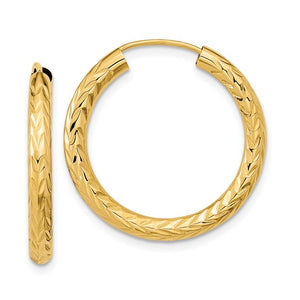 10k Yellow Gold Diamond Cut Round Endless Hoop Earrings 25mm x 3mm