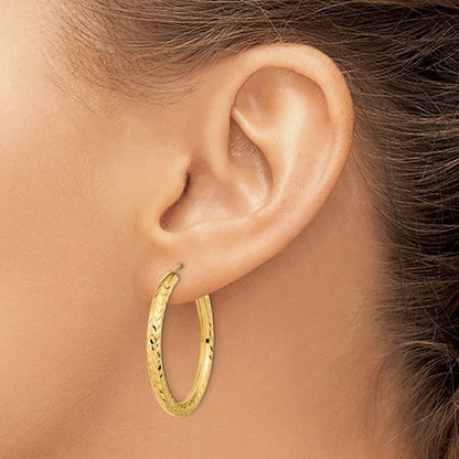 10k yellow gold diamond cut round endless hoop earrings 31mm x 3mm