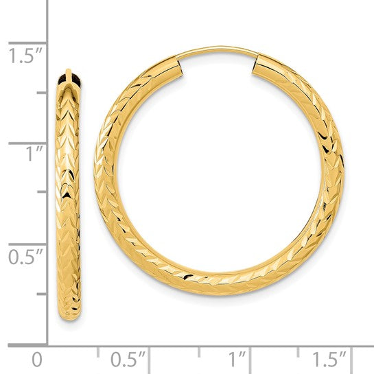 10k yellow gold diamond cut round endless hoop earrings 31mm x 3mm