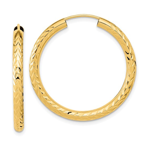 10k yellow gold diamond cut round endless hoop earrings 31mm x 3mm