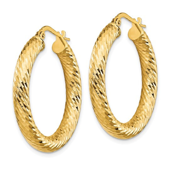 10K Yellow Gold 28mm x 4mm Diamond Cut Round Hoop Earrings