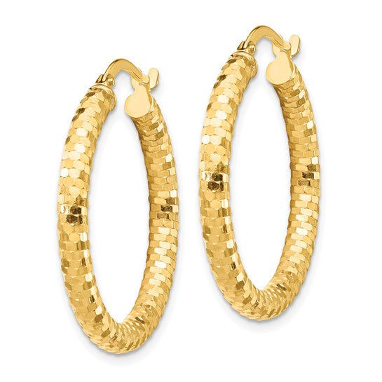 10K Yellow Gold 27mm x 3mm Diamond Cut Round Hoop Earrings