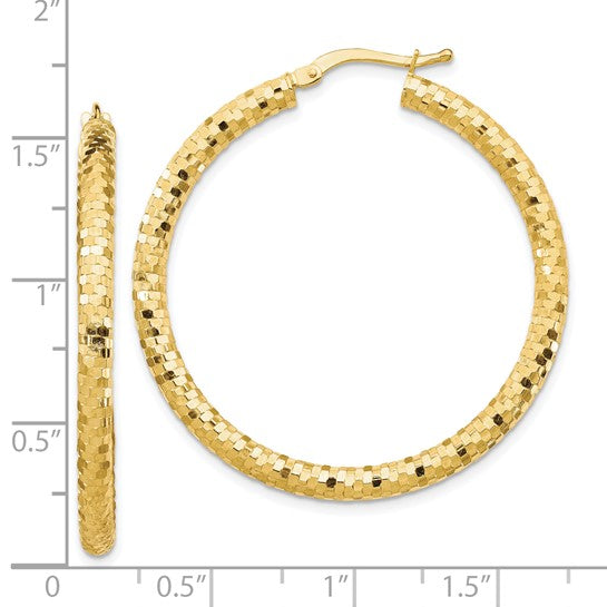 10K Yellow Gold 38mm x 3mm Diamond Cut Round Hoop Earrings