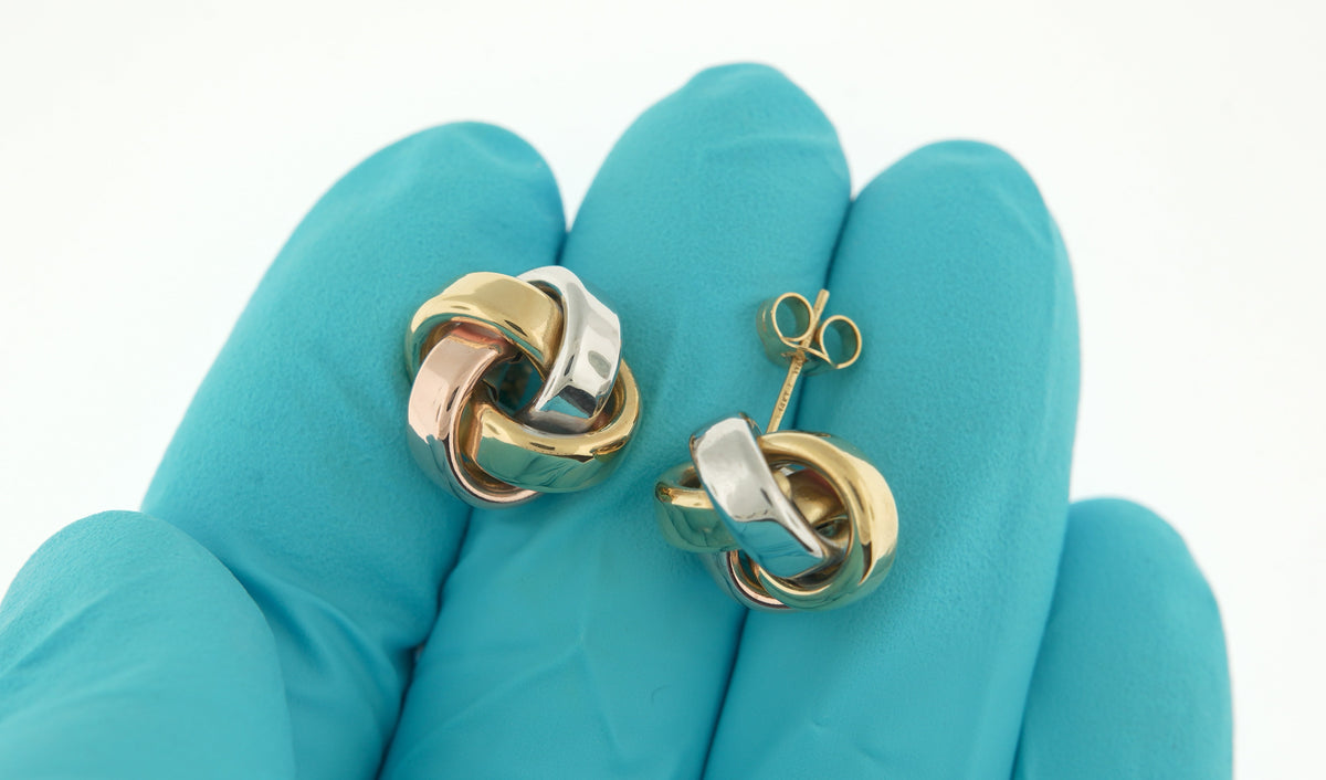 14k gold tri color 14mm love knot post earrings