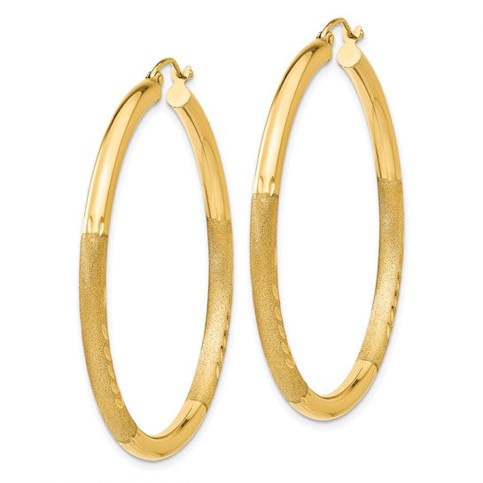 10k yellow gold satin diamond cut round hoop earrings 47mm x 3mm