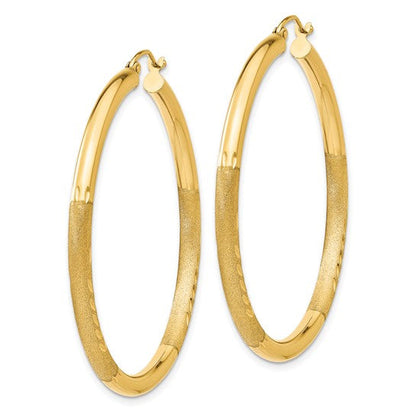 10k yellow gold satin diamond cut round hoop earrings 47mm x 3mm