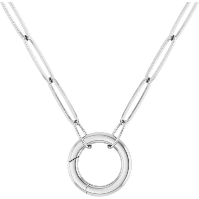 14K Yellow Rose White Gold 2.1mm Elongated Paper Clip Link Chain with Circle Round Hinged Lock Clasp Connector Pendant Charm Choker Necklace