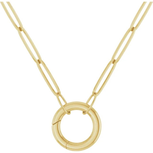 14k yellow rose white gold 2.1mm elongated paper clip link chain with circle round hinged lock clasp connector pendant charm choker necklace