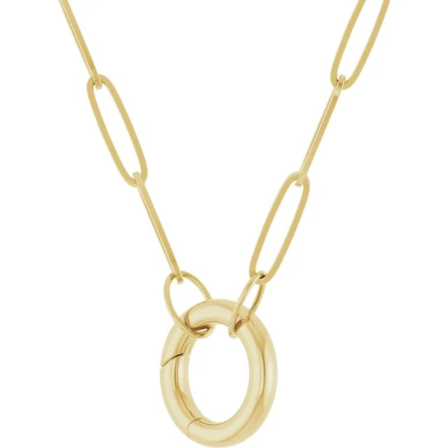 14k yellow rose white gold 2.1mm elongated paper clip link chain with circle round hinged lock clasp connector pendant charm choker necklace