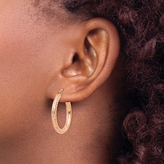 14k rose gold diamond cut textured classic round hoop earrings 25mm x 3mm