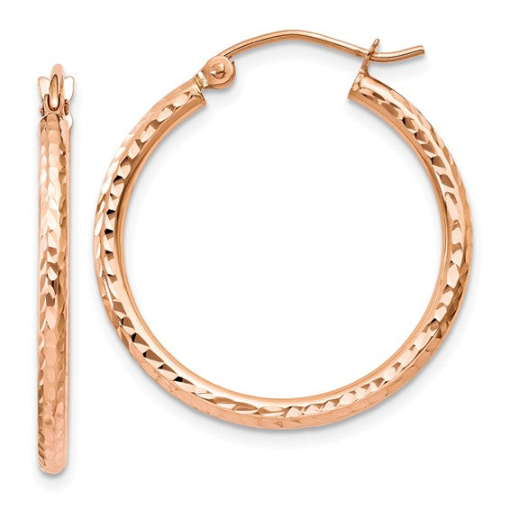 10k rose gold diamond cut round hoop earrings 25mm x 2mm