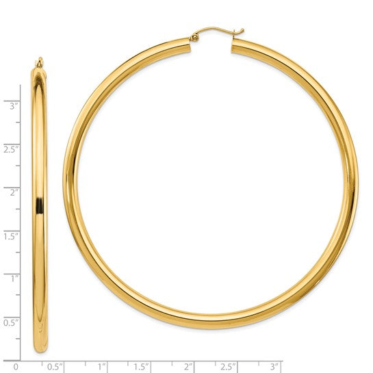 14k yellow gold 3.15 inch diameter extra large giant gigantic round classic hoop earrings 80mm x 4mm