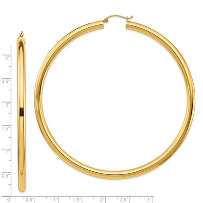 14k yellow gold 3.15 inch diameter extra large giant gigantic round classic hoop earrings 80mm x 4mm