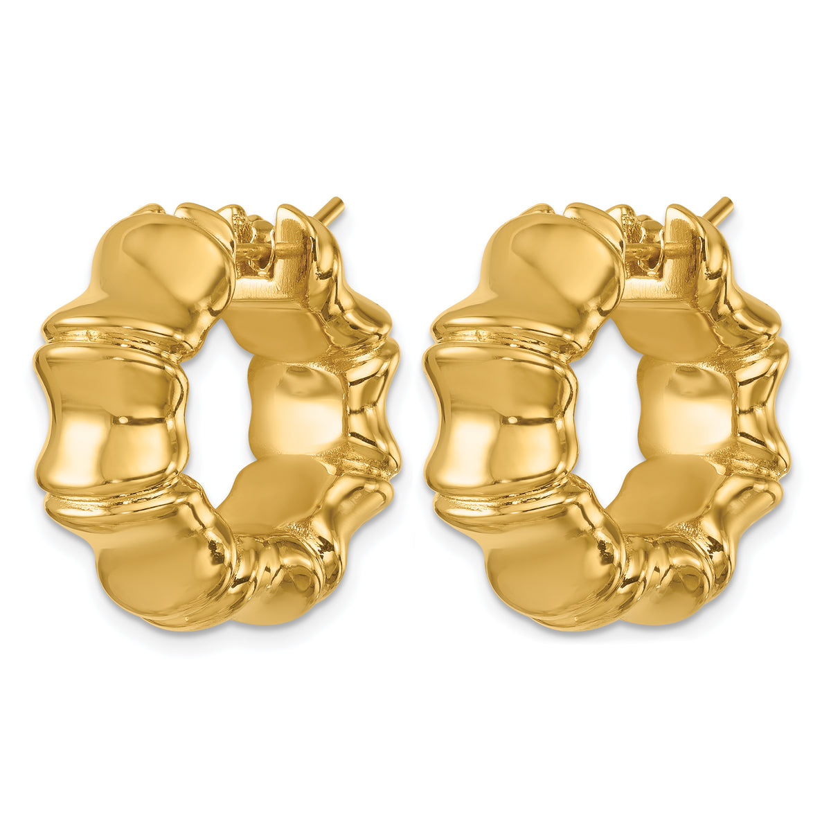14K Yellow Gold 23mm x 10mm Bamboo Round Hoop Earrings