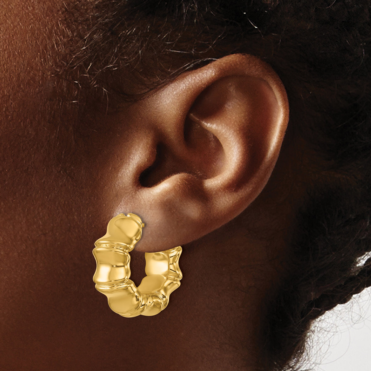 14K Yellow Gold 23mm x 10mm Bamboo Round Hoop Earrings