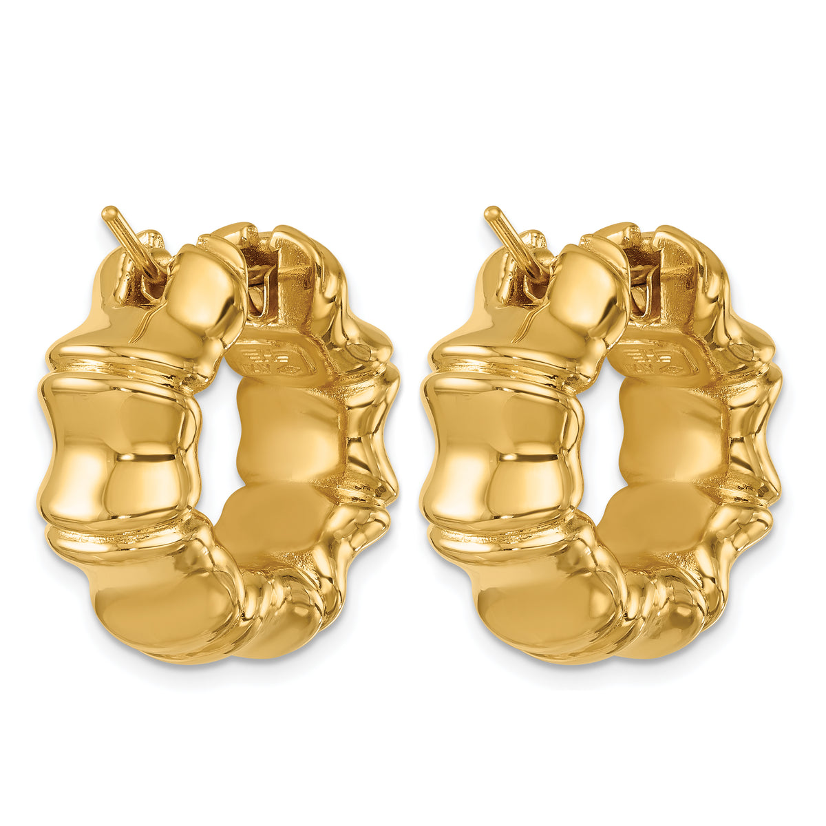 14K Yellow Gold 23mm x 10mm Bamboo Round Hoop Earrings