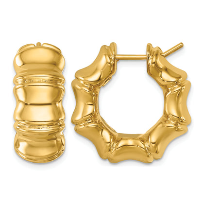 14K Yellow Gold 23mm x 10mm Bamboo Round Hoop Earrings