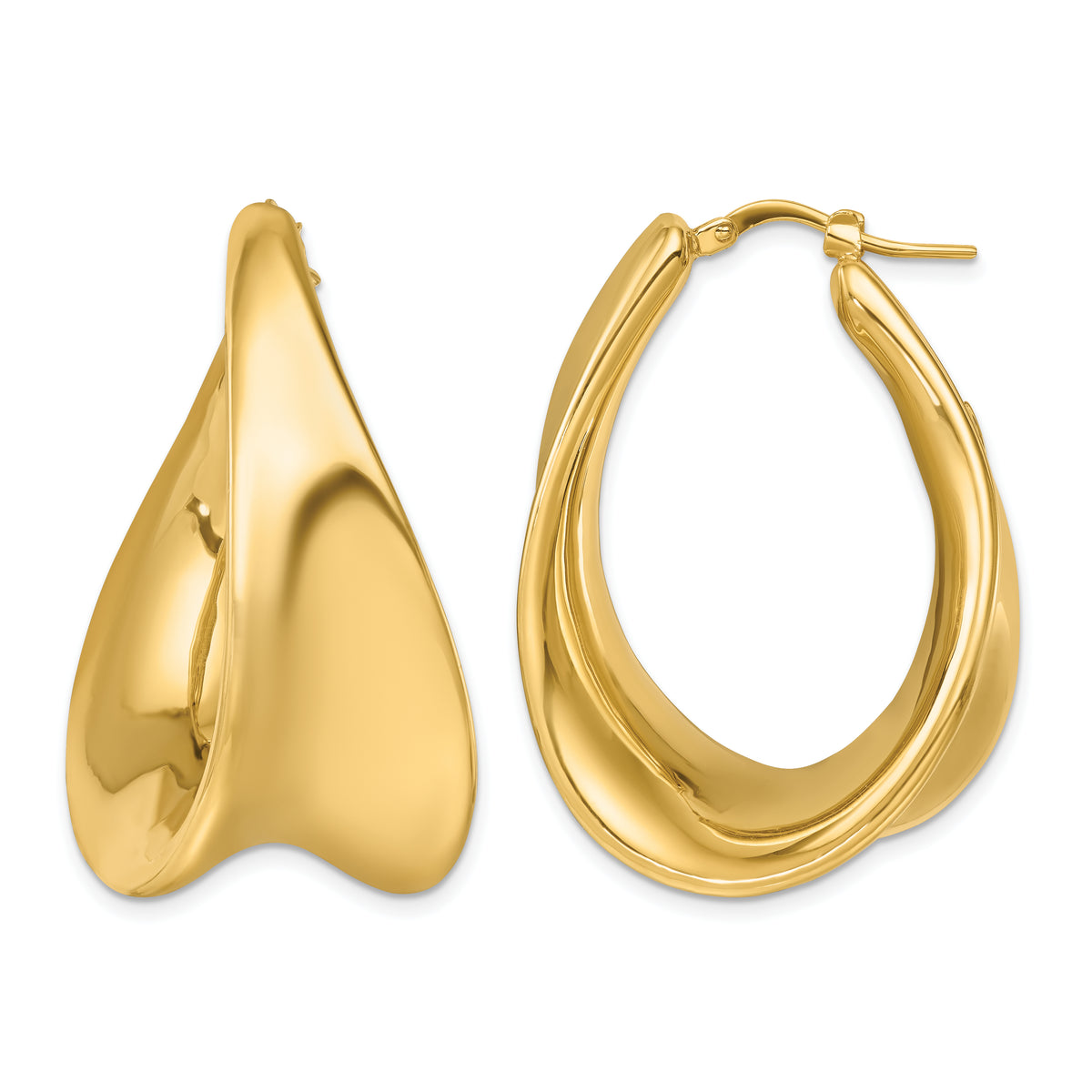 14K Yellow Gold 40mm x 30mm Contoured Oval Teardrop Hoop Earrings