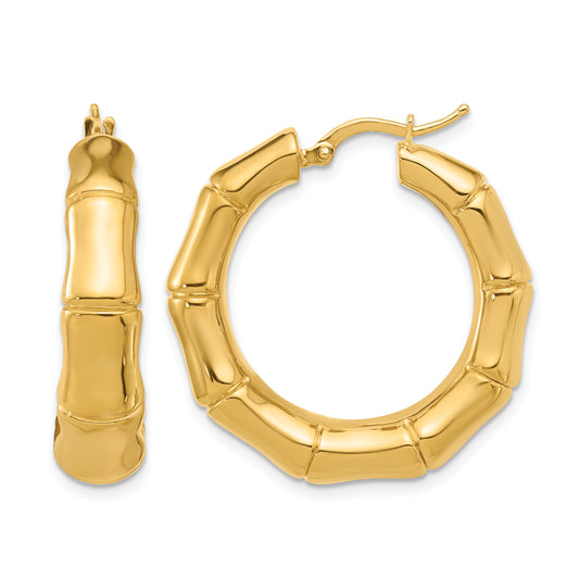 14K Yellow Gold 30mm x 7mm Bamboo Round Hoop Earrings