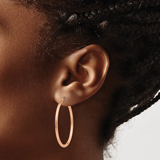 10k rose gold diamond cut round hoop earrings 35mm x 2mm