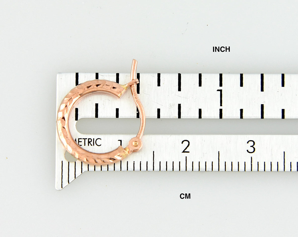 14k rose gold diamond cut textured classic round hoop earrings 13mm x 2mm