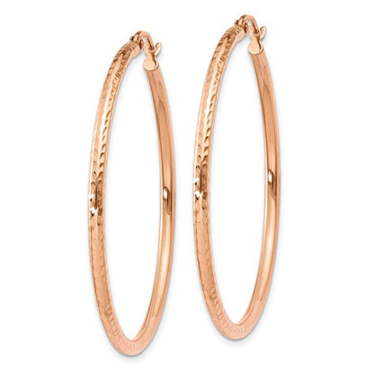 14k rose gold diamond cut textured classic round hoop earrings 40mm x 2mm