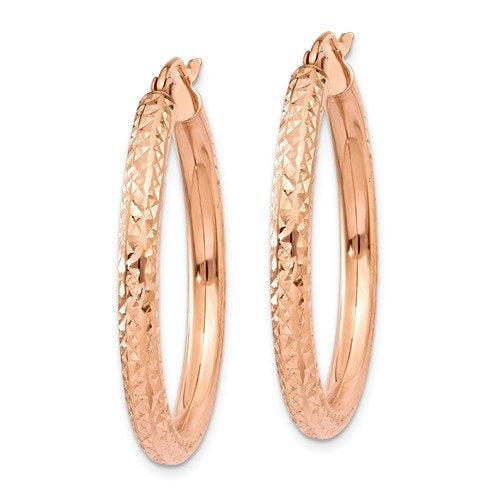 14k rose gold diamond cut classic round hoop textured earrings 31mm x 3mm