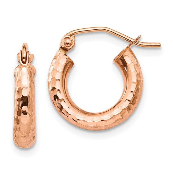 14k rose gold diamond cut textured classic round hoop earrings 14mm x 3mm
