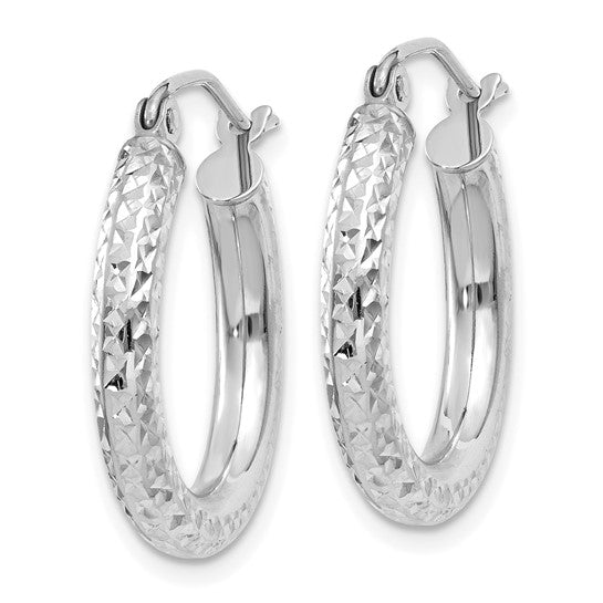 14k white gold diamond cut classic round diameter hoop textured earrings 19mm x 3mm