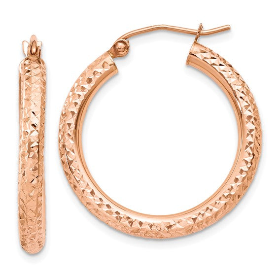 10k Rose Gold Diamond Cut Round Hoop Earrings 25mm x 3mm