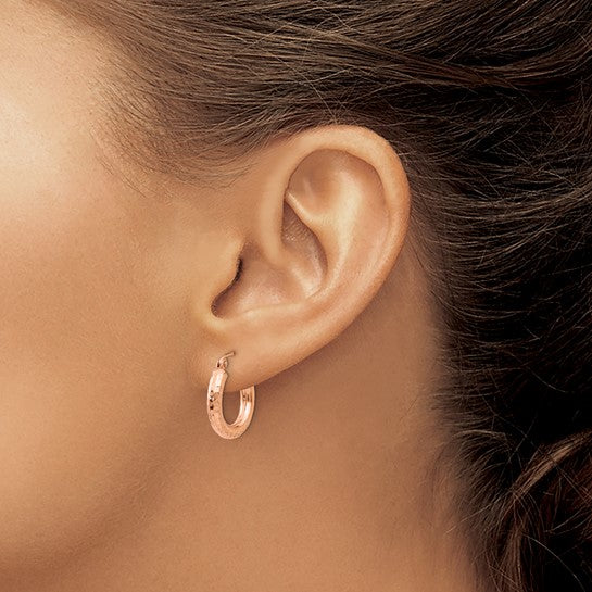 14K Rose Gold Diamond Cut Textured Classic Round Hoop Earrings 15mm x 3mm